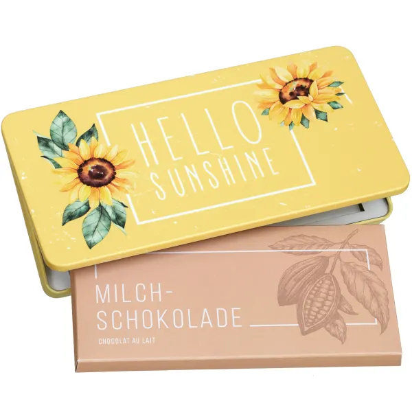 Cioccolato al latte di Munz in barattolo regalo «Hello Sunshine» Questa tavoletta di Munz è fatta di cioccolato al latte svizzero (100 g) in un barattolo regalo dal design accattivante.
