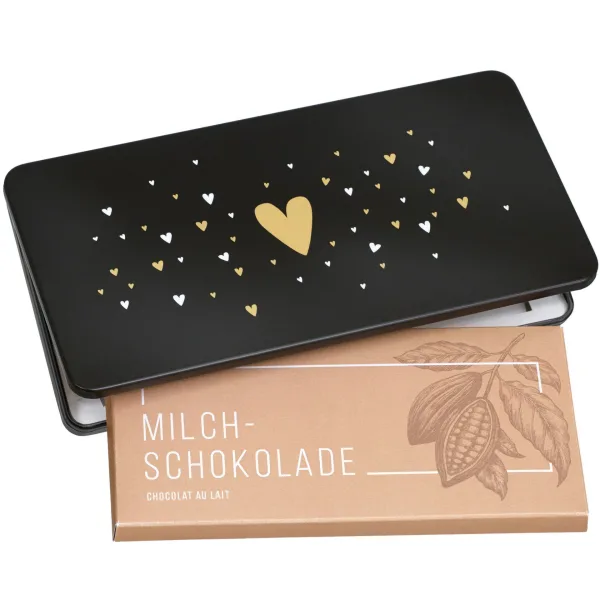 Cioccolato al latte di Munz in barattolo regalo «Heart» Questa tavoletta di Munz è fatta di cioccolato al latte svizzero (100 g) in un barattolo regalo dal design accattivante.